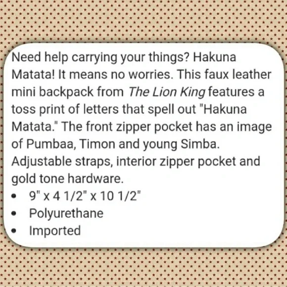 NWOT Loungefly Lion King Hakuna Matata Mini Backpack - Picture 16 of 16
